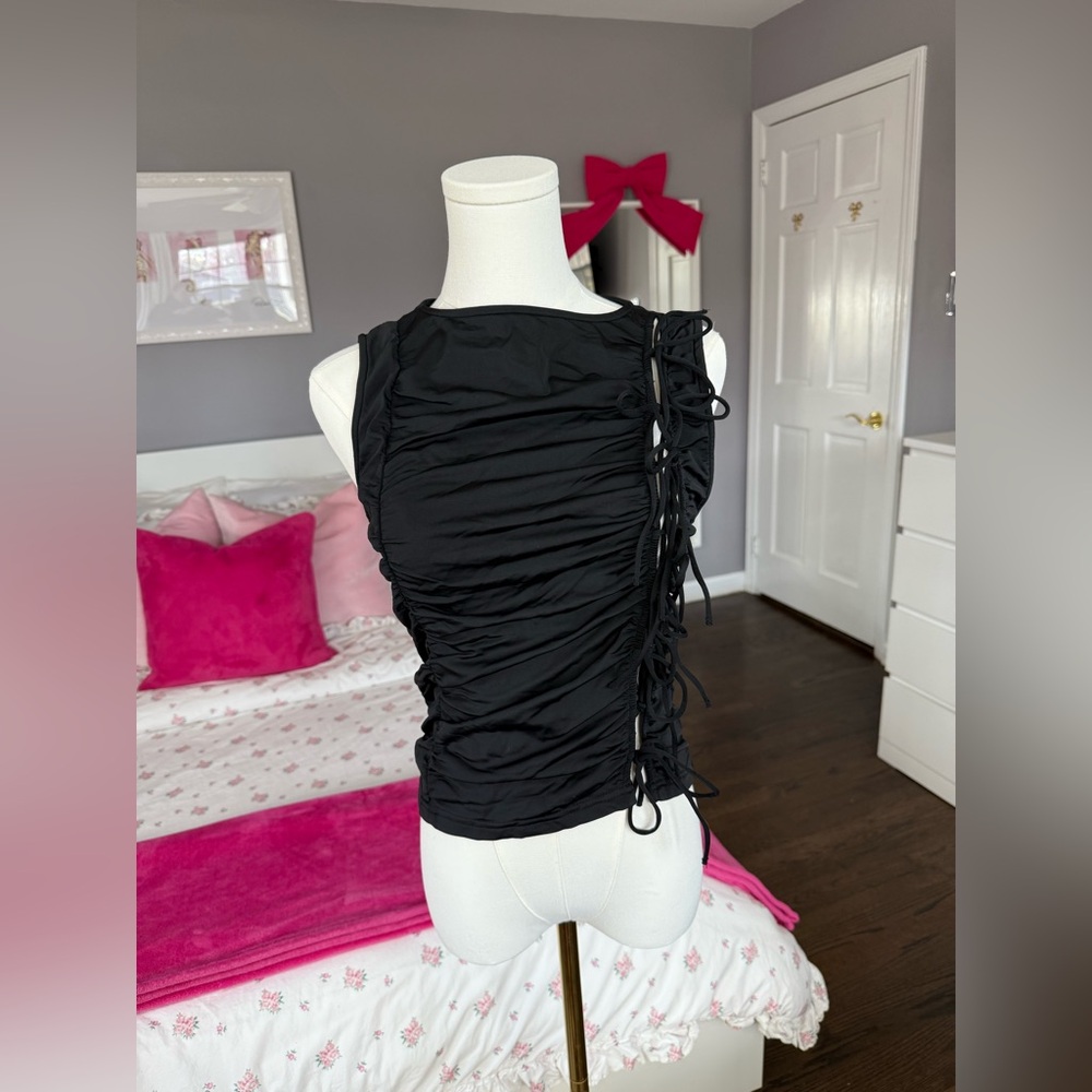 Elegant Black Ruched Bow Detail Top